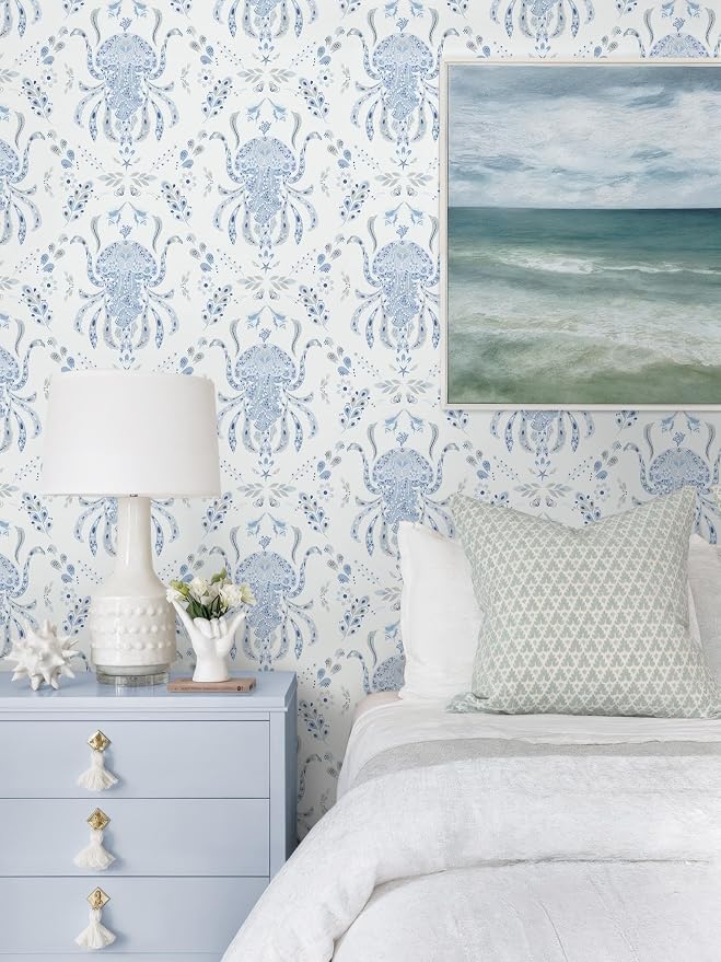 Dimoon Blue Peel and Stick Wallpaper Coastal Contact Paper Bathroom Ocean Beach Wallpaper Boho Jellyfish Renter Friendly Nautical Waterproof for Nursery Kitchen Bedroom Vinyl 17.3''x384''