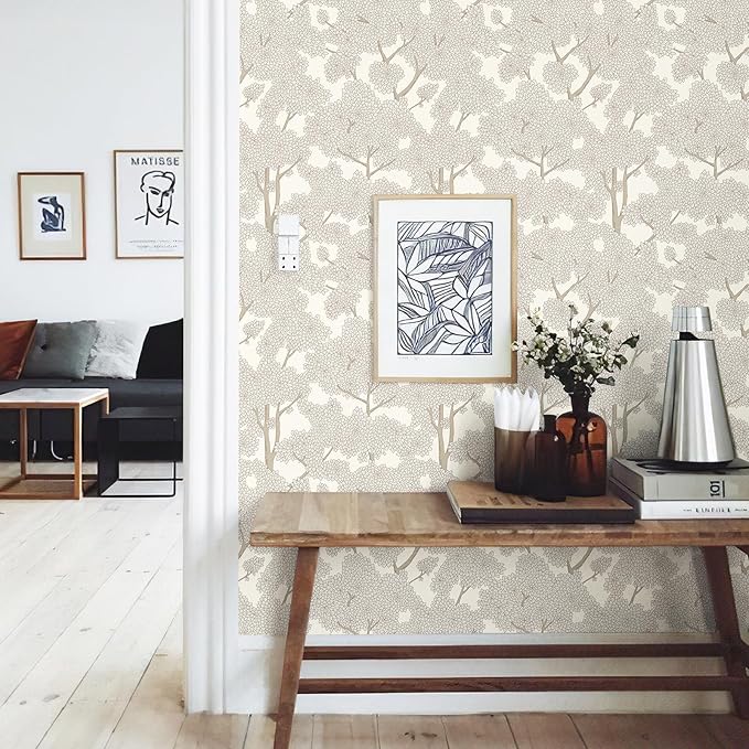 JiffDiff Tree Wallpaper Peel and Stick Jungle Wall Paper Forest Mural Stick on Wallpaper Modern Waterproof Self Adhesive Contact Paper(17.3" x 800" Cream)