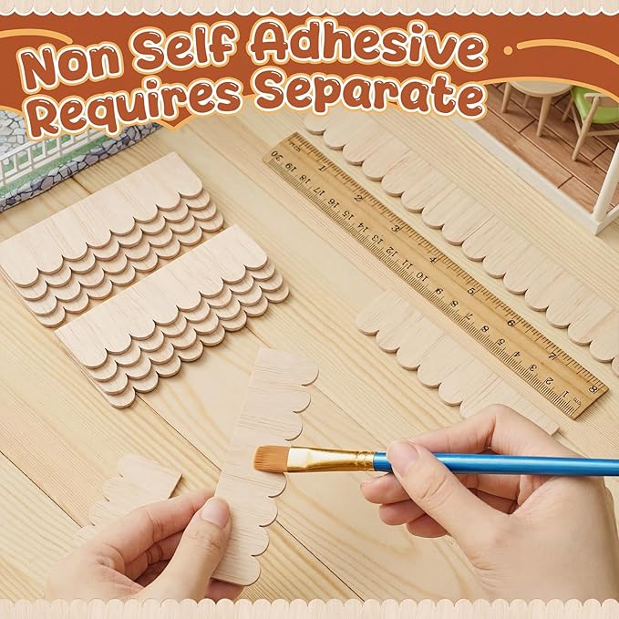 Wenqik 100 Strips Dollhouse Roof Shingles 4.25 x 1.14 Inches Each Mini Fish Scale Wooden Dollhouse Miniature Roofing for 1: 12 Scale Doll House Projects DIY Miniature Landscapes (Natural Wood)