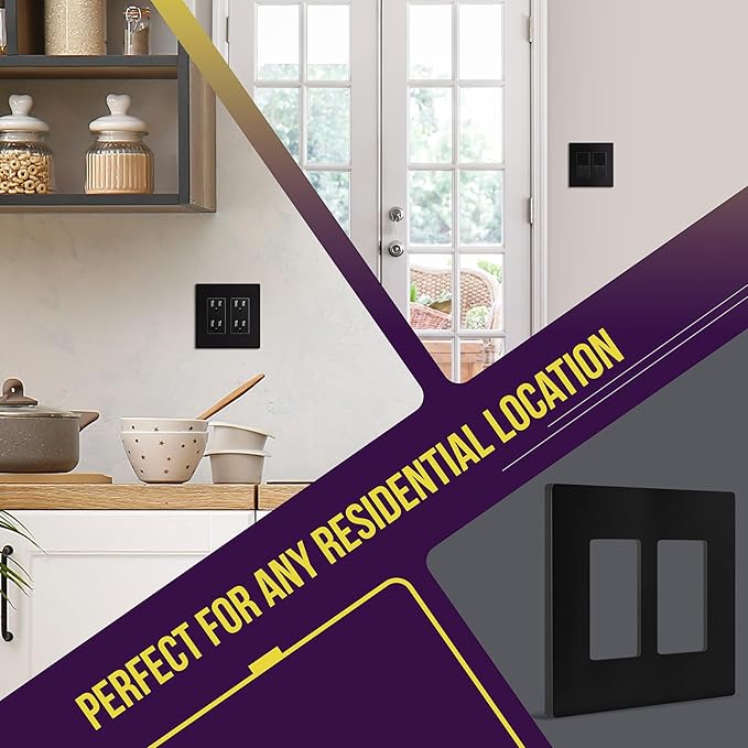 ENERLITES Screwless Decorator Wall Plates Child Safe Outlet Covers, Gloss Finish, Medium Size 2-Gang, Unbreakable Polycarbonate Thermoplastic, SI8832M-BK-10PCS, Black