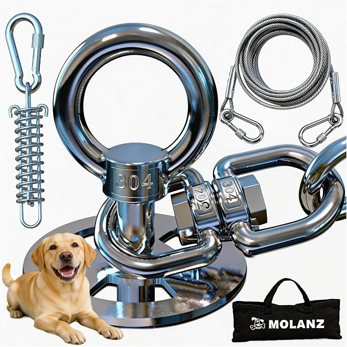 Heavy Duty Dog Tie Out Stake with Shock Absorbing Spring, 20ft Cable, 304 Stainless Steel Anchor, 2x360° No Tangle Swivel for Large Medium Small Dogs, Yard & Camping (Stake/20ft Cable/250lbs)