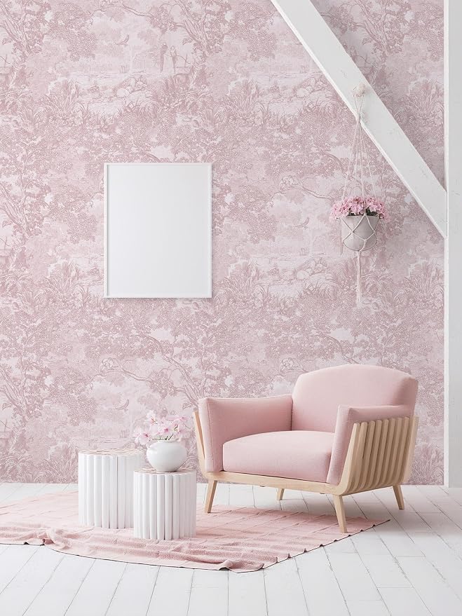 17.3" X 78.7" Peel and Stick Wallpaper Pink White Toile Forest Floral Wallpaper Renter Friendly Waterproof Removable Self Adhesive Wall Paper Bedroom Living Room Cabinets Vinyl