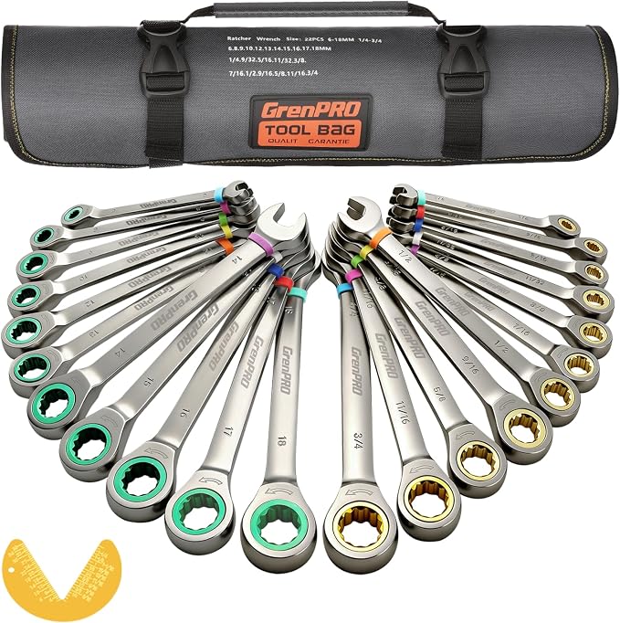 GRENPRO 23PCS Ratcheting Wrench Set SAE Metric Combination Mechanic Tools | 1/4"-3/4"&6-18MM Bolt Gauge, Gray Nickel CR-V 72-Tooth 5-Degree Swing 12Pt Color Rings, Roll Pouch for Auto & Home Repair