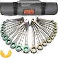 GRENPRO 23PCS Ratcheting Wrench Set SAE Metric Combination Mechanic Tools | 1/4"-3/4"&6-18MM Bolt Gauge, Gray Nickel CR-V 72-Tooth 5-Degree Swing 12Pt Color Rings, Roll Pouch for Auto & Home Repair