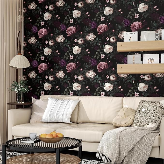 Fvlow Pink Rose Dark Floral Peel and Stick Wallpaper 17.4" x 394" | Renter Friendly, Removable & Waterproof, Vinyl Easy Install for Bedrooms, Bathrooms, Kitchens, Cabinets and Home Decor
