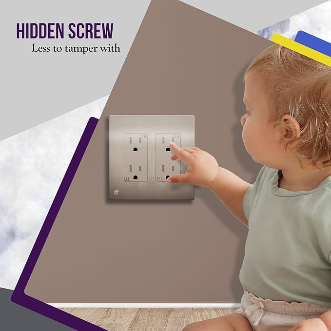 ENERLITES Elite Series Screwless Decorator Wall Plate Child Safe Outlet Cover, Gloss Finish, Size 2-Gang 4.68" H x 4.73" L, Unbreakable Polycarbonate Thermoplastic, SI8832-BNK, Brushed Nickel