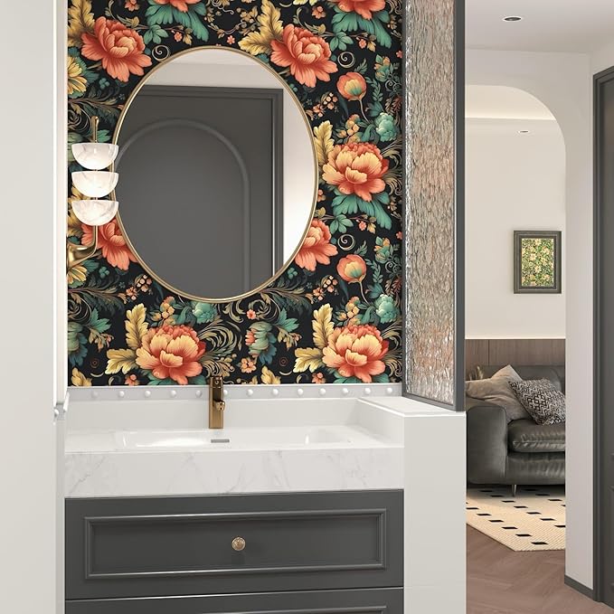 BOKEBEVE Floral Wallpaper Peel and Stick Vintage Black Orange 17.5 x 78.5In | Removable Self Adhesive Renter Friendly Boho Leaf Wall Paper for Bedroom Bathroom Living Room Feature Accent Wall