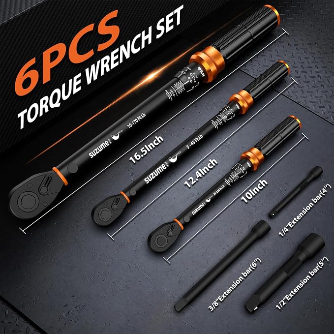 6PCS Torque Wrench Set 1/2 3/8 1/4 Inch Drive Click ±3% Accuracy | 10–170 Ft.lb, 5–45 Ft.lb, 20–220 In.lb, Dual-Direction, 3 Extension Bars Dual-Scale for Car,Moto,Truck,Spark Plug,Bike Repair