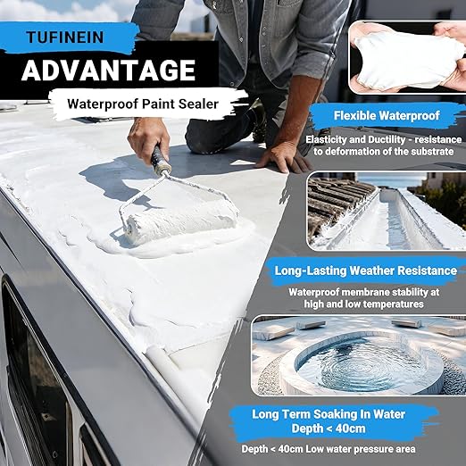 Rubber Liquid Waterproof Sealant, TUFINEIN 11 LB/5 KG White Quick Drying Multi Surface Foundation Leak Repair - Roof Gutters Basement Sealer Waterproof - Indoor & Outdoor Flexible Rubber Paint