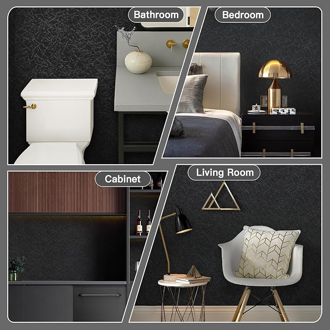 Safiyya 17.3 inch X 393 inch Peel and Stick Wallpaper Black Silk Textured Wallpaper Modern Solid Color Wall Paper Removable Contact Paper for Walls Vinyl Rolls
