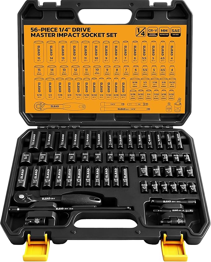 1/4" Drive Impact Socket Set, 56-Piece Standard SAE (5/32 to 9/16 inch) and Metric (4-15mm) Size, Deep & Shallow, 6 Point, Cr-V, 72-Tooth Ratchet Handle, Extension Bar, Universal Joint