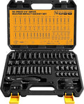 1/4" Drive Impact Socket Set, 56-Piece Standard SAE (5/32 to 9/16 inch) and Metric (4-15mm) Size, Deep & Shallow, 6 Point, Cr-V, 72-Tooth Ratchet Handle, Extension Bar, Universal Joint