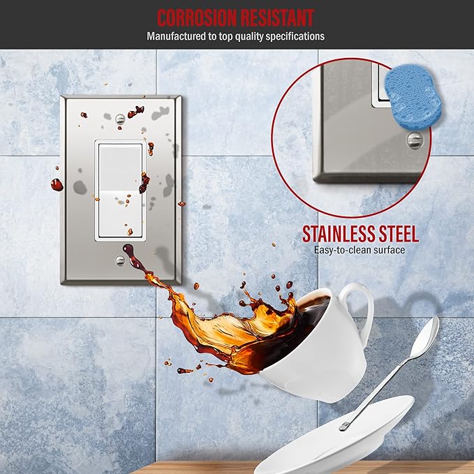 ENERLITES Decorator Switch or Receptacle Metal Wall Plate, Stainless Steel Outlet Cover, Corrosion Resistant, Mid-Size 1-Gang 4.88" x 3.11", Stainless Steel 201, 7731M-PC, Polished Chrome