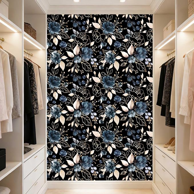 Black Gold Floral Peel and Stick Wallpaper 17.7"x118" | Removable thick vinyl, dark botanical design with navy blue flowers, bedroom, bathroom, renter friendly accent walls