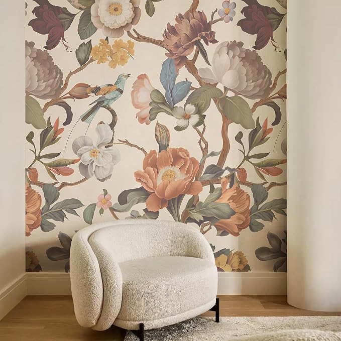 Zeeko Vintage Floral Wallpaper Peel and Stick Large Beige Flower Wall Murals for Bedroom TV Background Wall Paintings Art Deco 98" H x 59" W