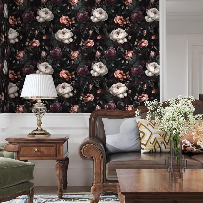 Gothic Dark Purple Rose Floral Wallpaper Peel and Stick 17.5"x118" | Self Adhesive/Removable/Waterproof/Thick Vinyl Vintage Contact Paper for Bathroom Bedroom Shelf Cabinet Drawer,Prepasted