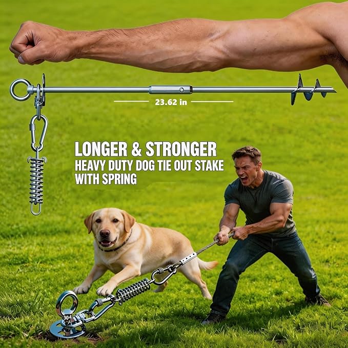 23" Dog Tie Out Stake with Spring, 20ft Cable & Chew Toy, Heavy Duty 304 Stainless Steel Anchor, 2x360° No Tangle Swivel for Large Medium Dogs, Yard & Camping (Stake/20ft Cable/Toy/250lbs)