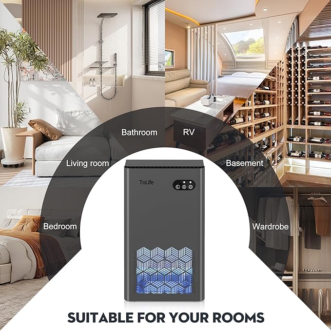 ToLife Dehumidifiers for Home, 1000 sq.ft Dehumidifier for Basement Bathroom Bedroom with 95 OZ Water Tank, Auto Shut Off 7 Colors LED Light, Grey