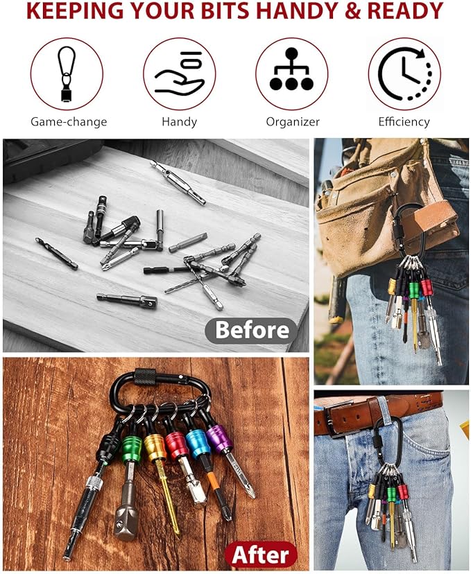 katerk 6pcs Bit Holder with Carabiner Socket for Mens Gift, 1/4 inch Hex Shank Aluminum Alloy Screwdriver Bit Holders, Quick Release Easy Change Impact Driver Drill Bit Keychain Extension (Classic)