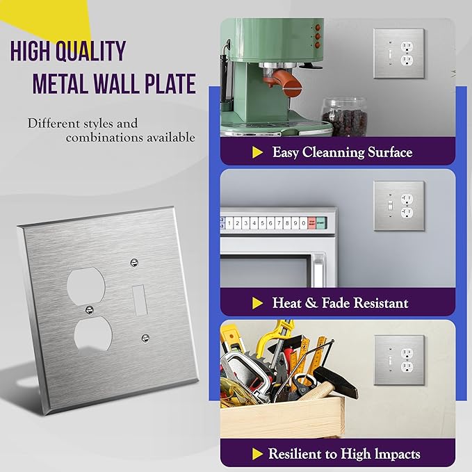 ENERLITES Combination Toggle Light Switch or Duplex Receptacle Outlet Metal Wall Plate, Corrosion Resistant, Over Size 2-Gang 5.5" x 5.5", 771121O, 430 Stainless Steel, UL Listed, Silver