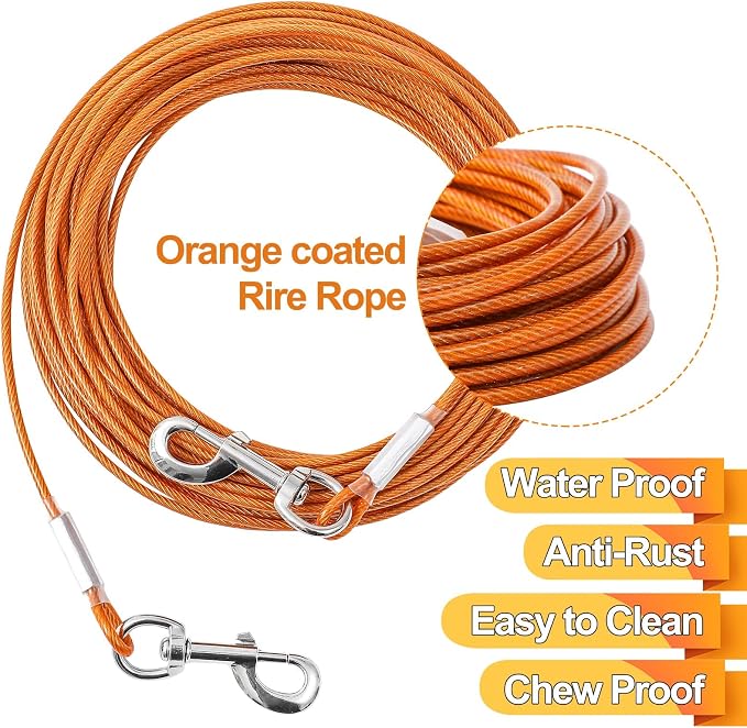 Tie Out Cable for Dogs,10/20/30/50/100FT Dog Leads for Yard Chew Proof,Heavy Duty Tie Out Cable for Large Dogs Up to 125lbs,Dog Runner Tether (Orange, 125Ibs 30ft)