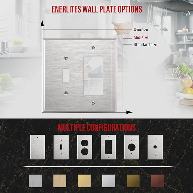ENERLITES Combination Toggle Light Switch or Decorator Switch Metal Wall Plate, Corrosive Resistant, Mid-Size 2-Gang 4.88" x 4.92", 771131M, 430 Stainless Steel, UL Listed, Silver