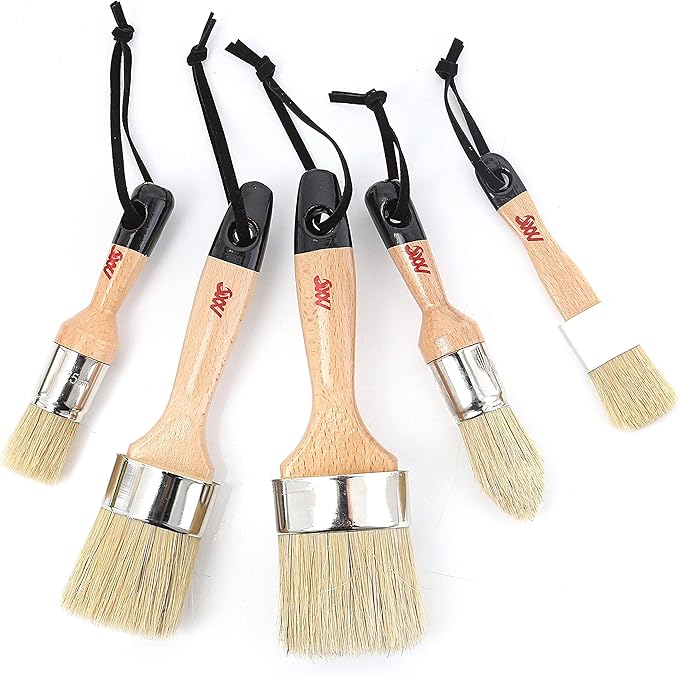 Chalk Paint Brushes for Furniture 5-Piece Set, Natural Bristle Round & Oval - 3 Small & 2 Large Wax Brushes (1-2.5"), for Painting, Stenciling, Waxing, Works with All Chalk Paints, Annie Sloan & Waxes