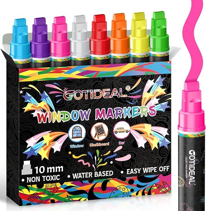 GOTIDEAL 10mm Window Markers,Chalk Markers for Blackboard,Washable Car Marker for Chalkboard,Glass Mirror, Jumbo Thick Tip Window paint markers Erasable for Wedding Married Painting,Menus(8 Colors