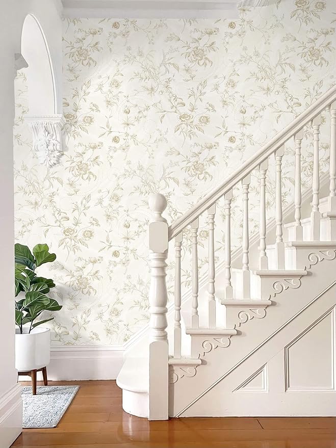 Ismoon Peel and Stick Wallpaper Floral Vintage Stick on Wall Paper Beige French Textured Contact Paper for Cabinet Removable Self Adhesive Wallpaper Vinyl Roll Shelf Deco, 17.3x78.7in