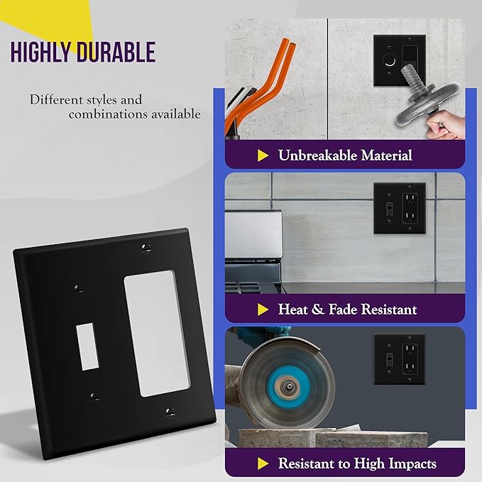 ENERLITES Combination Toggle Light Switch/Decorator Light Switch Plate, Double Switch Wall Plate, Standard Size 2-Gang 4.50" x 4.57", Polycarbonate Thermoplastic, 881131-BK, Black