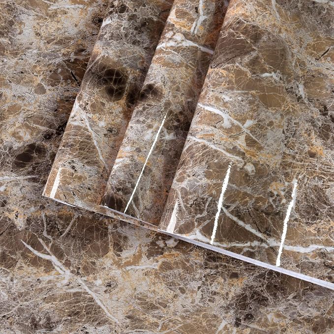 Brown Marble Contact Paper Peel and Stick Wallpaper for Kitchen Countertops | 15.8x118inch Faux Granite Counter Top Vinyl Wrap Countertop Sticker Self Adhesive Removable Glossy Wall Paper for Bathroom