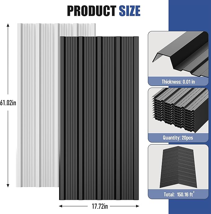 Brakki Corrugated Metal Roofing Panels 20pcs 150.6 ft², Black Galvanized Steel Roof Panels with Screw, Heavy Duty Metal Siding Suitable for Garages Chicken Coop Sheds Stables Patio