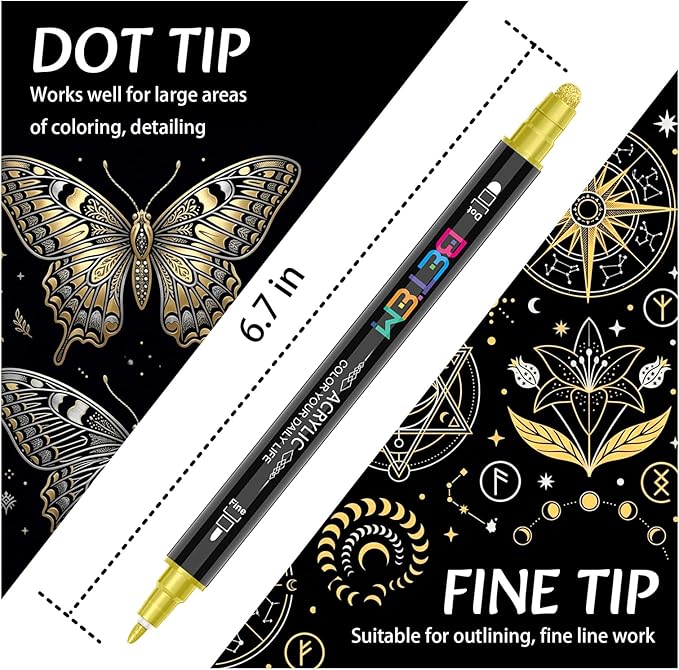 Betem 6 Gold&Silver Dual Tip Acrylic Paint Markers, Fabric Decorating Kits Premium Water-Based Acrylic Paint Pens Art Supplies for Fabric, Rock, Wood, Glass, Canvas, Ceramic, Teacher Appreciation Gift
