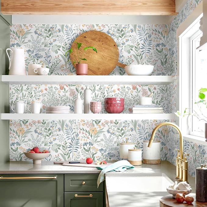 Fititem Floral Peel and Stick Wallpaper Boho Nature Wall Paper 17.3”×197” | Self Adhesive Floral Contact Paper Cabinet Flower Modern Wildflower Wallpaper Removable Waterproof Wallpaper Bathroom Bedroom