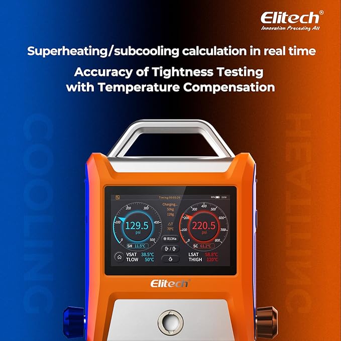 Elitech EMG-20V Intelligent HVAC Digital Manifold Gauge Three Port with Vaccum Sensor Thermometer Clamps Hoses