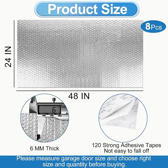 Garage Door Insulation Kit 8P Double Bubble Window Heat Insulation Panels, 6MM 8x8FT Reflective Aluminum Foil Summer/Winter Barrier Sheets with 120 Adhesive Tapes for Garage Attic Wall(24x48)