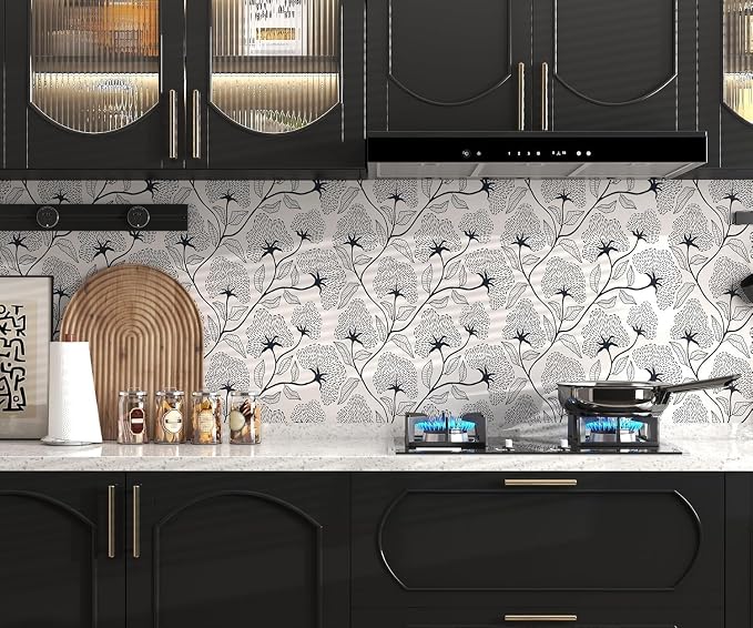 Peel and Stick Wallpaper Black and Beige Contact Paper 17.3"x78.8" | Boho Self Adhesive Wallpaper Removable Modern Floral Wall Paper for Bathroom Art Decoration Wallpapers Bedroom Kitchen Vinyl