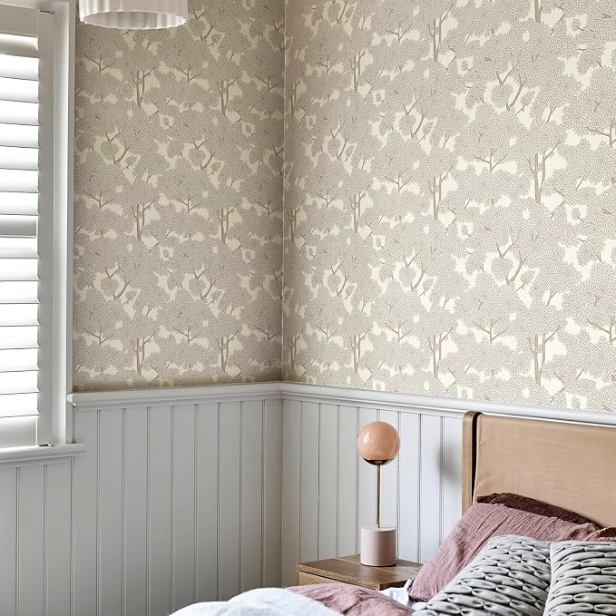 JiffDiff Tree Wallpaper Peel and Stick Jungle Wall Paper Forest Mural Stick on Wallpaper Modern Waterproof Self Adhesive Contact Paper(17.3" x 400" Cream)