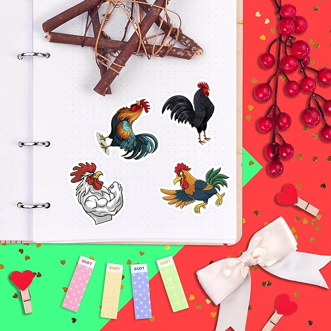 BulbaCraft 100Pcs Rooster Stickers for Water Bottle and Laptop - Rooster Party Supplies & Decorations, Waterproof Vinyl Decals, Cute Animal and Farm Stickers, Gifts for Women & Men