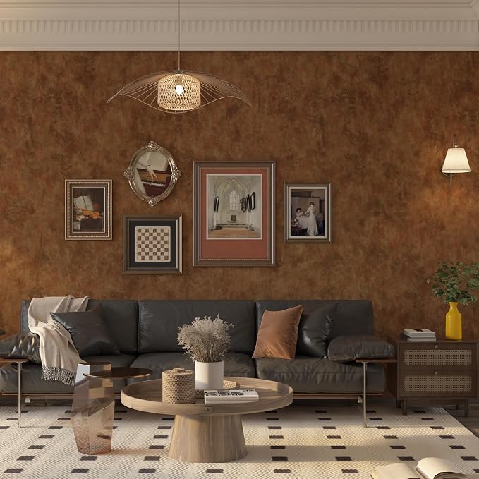 BAYYA Wall Paper Peel and Stick Modern Mid Century Modern Wallpaper Gold/Orange/Brown Industrial Concrete Cement Wallpaper 16"x354" Rust Metallic Contact Paper for Bedroom Bathroom Living Room Walls