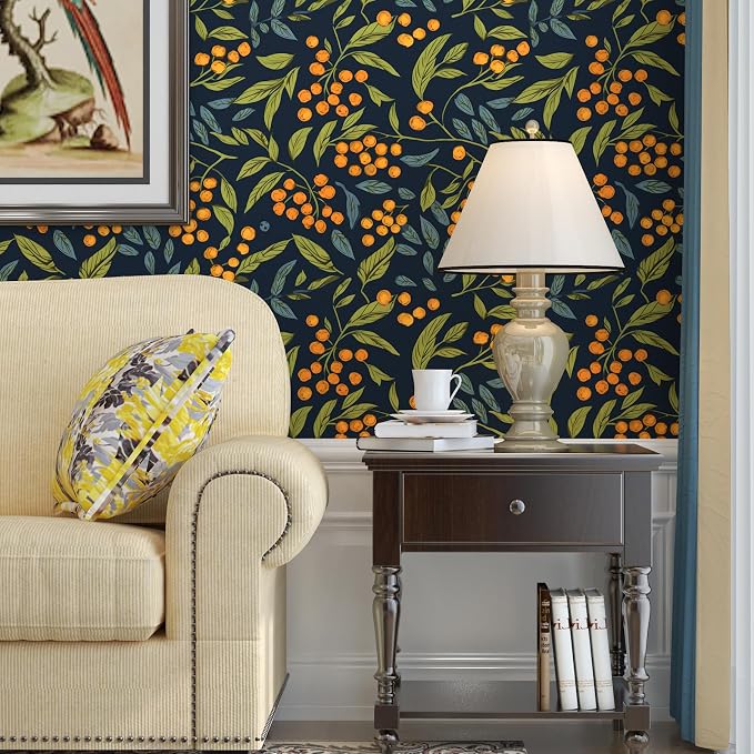 BOKEBEVE Leaf Floral Wallpaper Peel n Stick Boho Blue Orange 17.5 x 787In | Super Long Removable Renter Friendly Vibrant Watercolor Wall Paper for Bedroom Bathroom Living Room Feature Accent Wall