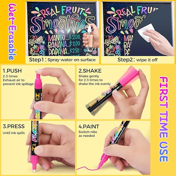 SFAIH Liquid Chalk Markers for Blackboard - Vibrant 24 Colors 0.7mm Fine Tip, Wet Erase Marker for Chalkboard, Menu, Bistro, Signs, Windows, Glass, Labels, Dust-Free [1s Wet Wipe] - No Residue
