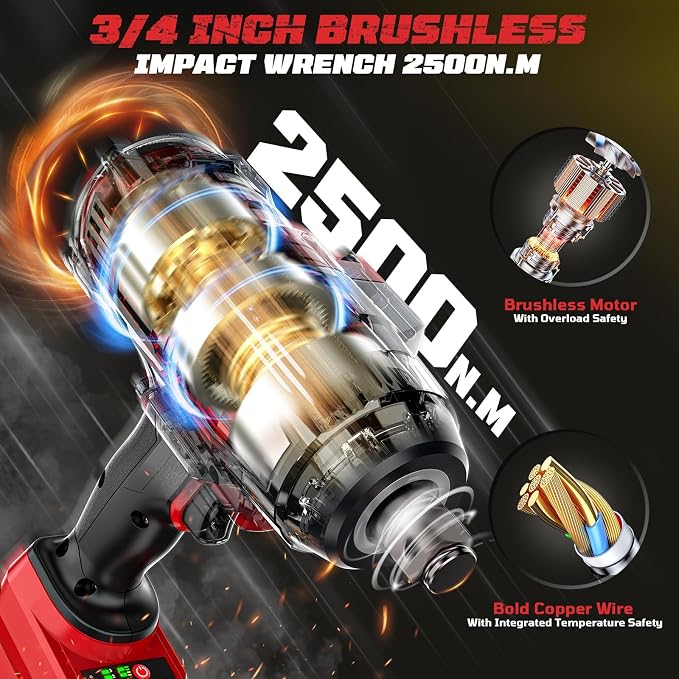 Cordless Impact Wrench 3/4 inch Compatible with Milwaukee Battery, Cerycose1850ft-lbs (2500N.m) Brushless Electric Impact Gun, High Torque Impact Driver, Bare Tool Only，Heavy-Duty Automotive