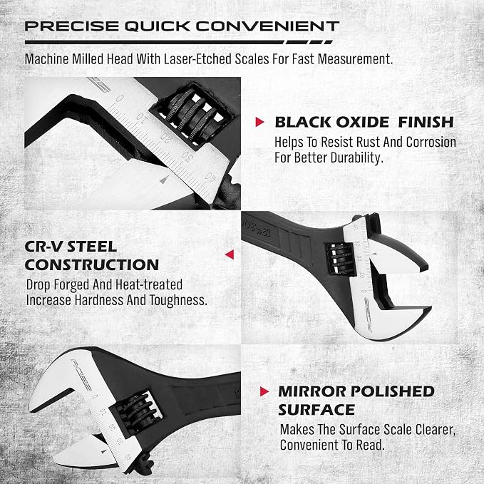 SEDY 8-Inch Adjustable Wrench, Black Oxide Finish Wide Jaw Spanner with Inch/Metric Scale, Premium Drop Forged Steel for Automotive Plumbing and Household Repairs