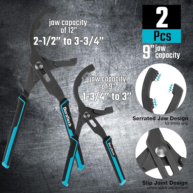 DURATECH 8-Piece Oil Filter Swivel Wrench Set | Covers 2-3/4" to 5-1/4", 9" & 12" Adjustable Oil Filter Pliers, Universal 3-Jaw Removal Tool, 1/2" to 3/8" Adapter