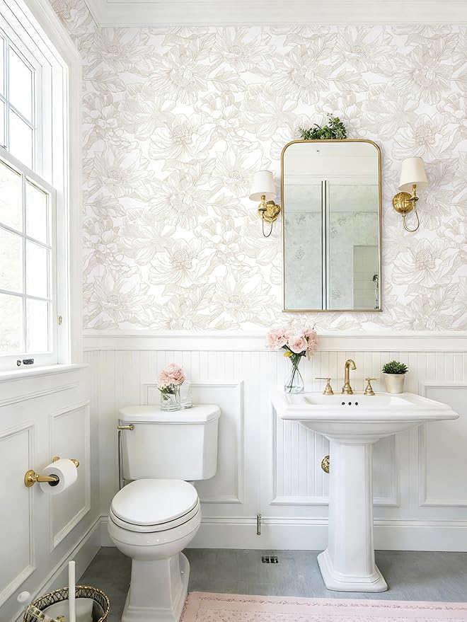 118"x17.3" Peel and Stick Wallpaper Floral Beige Neutral White Boho Contact Paper Modern Wallpaper Removable Self Adhesive Wall Paper Bedroom Bathroom Kitchen Thicken Waterproof Vinyl Roll