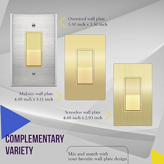 ENERLITES Elite Series Decorator Light Switch with Brushed Screwless Wall Plate, Single Pole, 3 Wire, Grounding Screw, Residential Grade, 15A 120V, UL Listed, 91150-GDWBP2P, Brushed Gold (2 Pack)