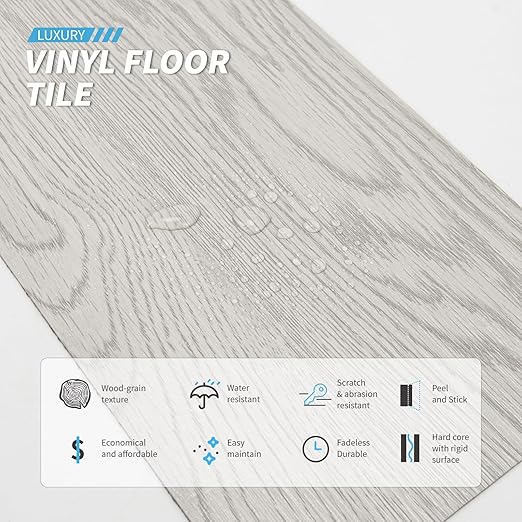 Art3d Peel and Stick Floor Tile Vinyl Wood Plank 12-Pack 18 Sq.Ft, Grey Ash, Rigid Surface Hard Core Easy DIY Self-Adhesive Flooring