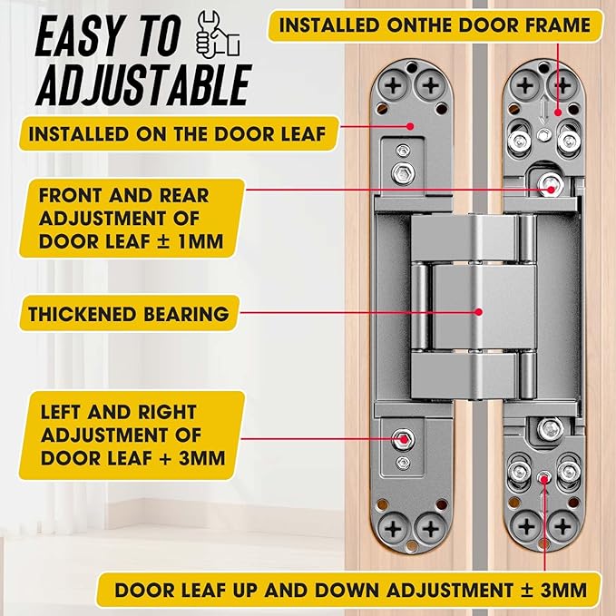 6inch Hidden Door Hinge,Concealed Hinges,Hidden Door Hardware kit,Invisible Door Silent 180 Degree Swing Hinge 3-Way Adjustable Butt 6 x 2.5 x 1inch (Silver, 7 inches)