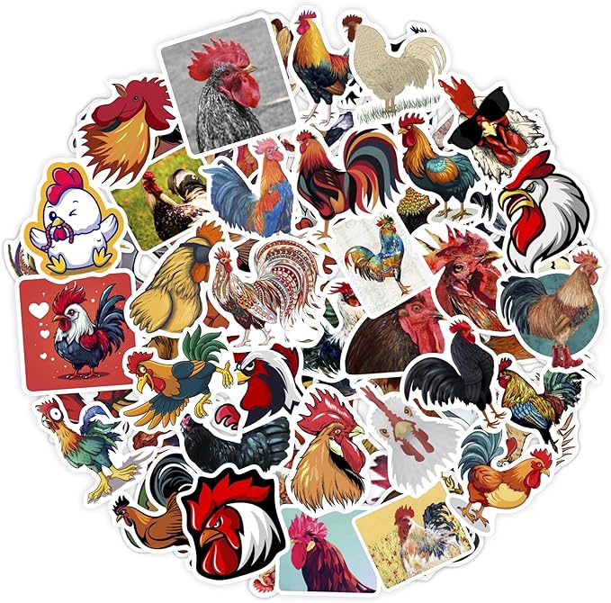 BulbaCraft 100Pcs Rooster Stickers for Water Bottle and Laptop - Rooster Party Supplies & Decorations, Waterproof Vinyl Decals, Cute Animal and Farm Stickers, Gifts for Women & Men